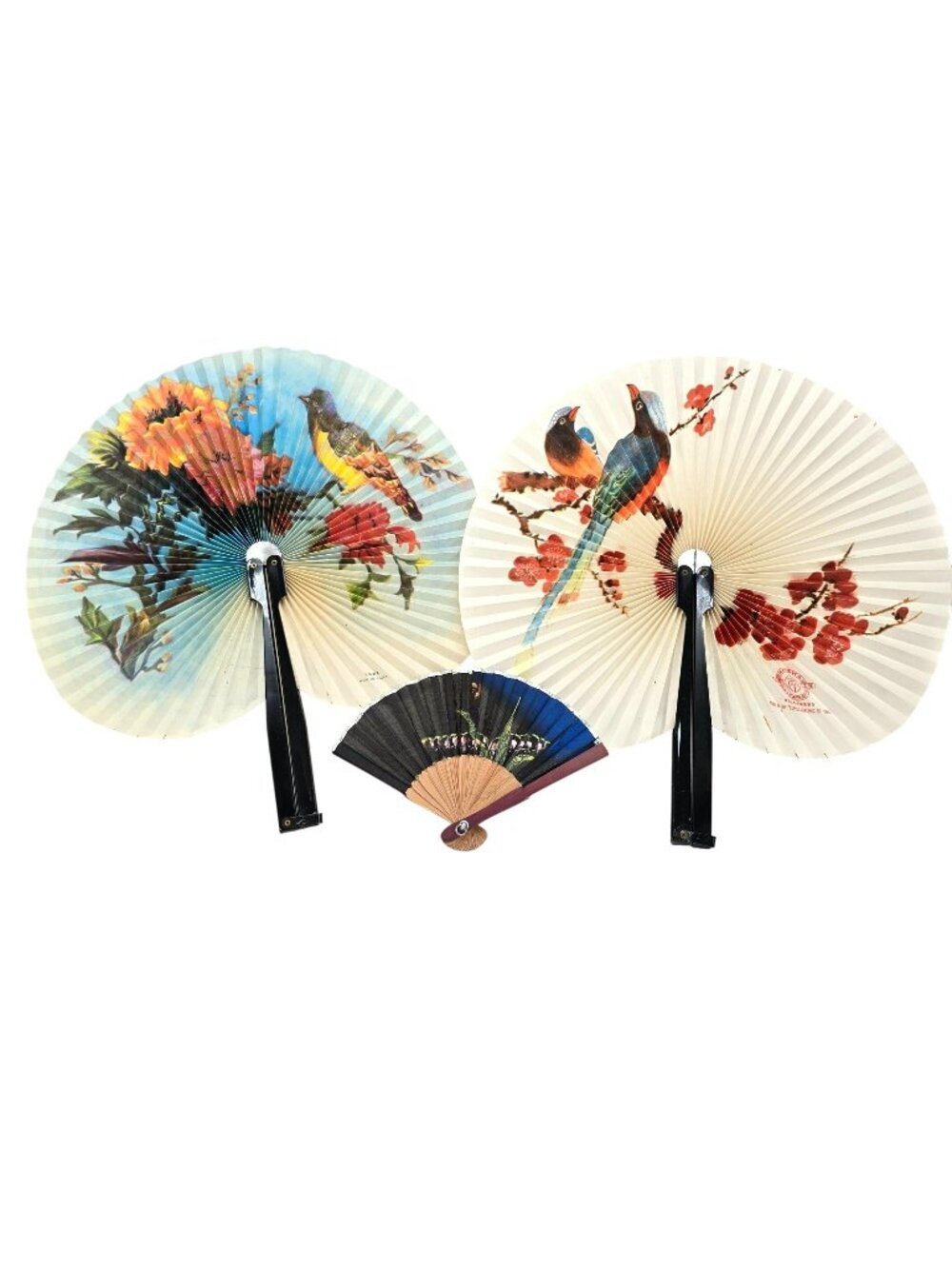 Vintage Asian Paper & Bamboo Hand Fans Set With Bird & Floral Designs je186